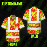 Hi Vis Hawaiian Shirt Reflective Tapes Orange Neon Yellow Orchid Custom Name Safety Workwear For Workers, Truckers, Operators