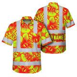Hi Vis Hawaiian Shirt Reflective Tapes Orange Neon Yellow Orchid Custom Name Safety Workwear For Workers, Truckers, Operators