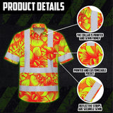 Hi Vis Hawaiian Shirt Reflective Tapes Orange Neon Yellow Orchid Custom Name Safety Workwear For Workers, Truckers, Operators