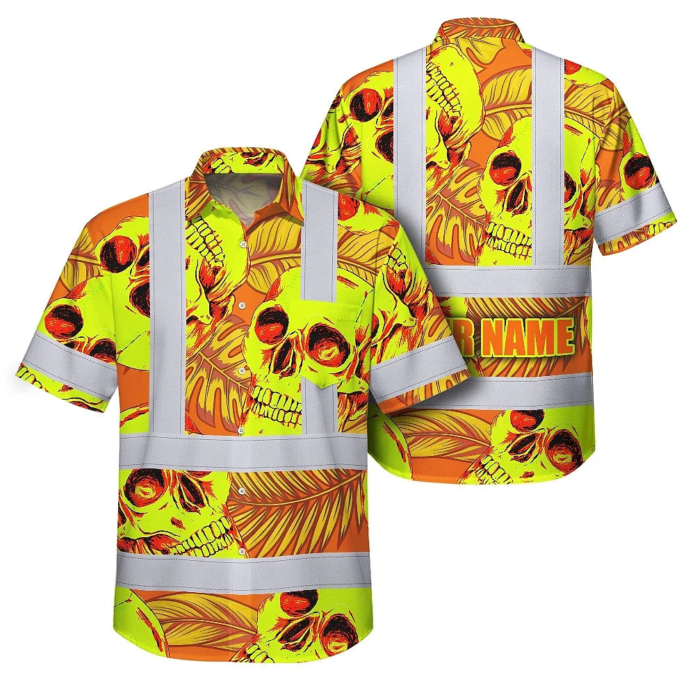 Hi Vis Hawaiian Shirt Reflective Tapes Orange Neon Yellow Skull Custom Name Safety Workwear For Workers, Truckers, Operators