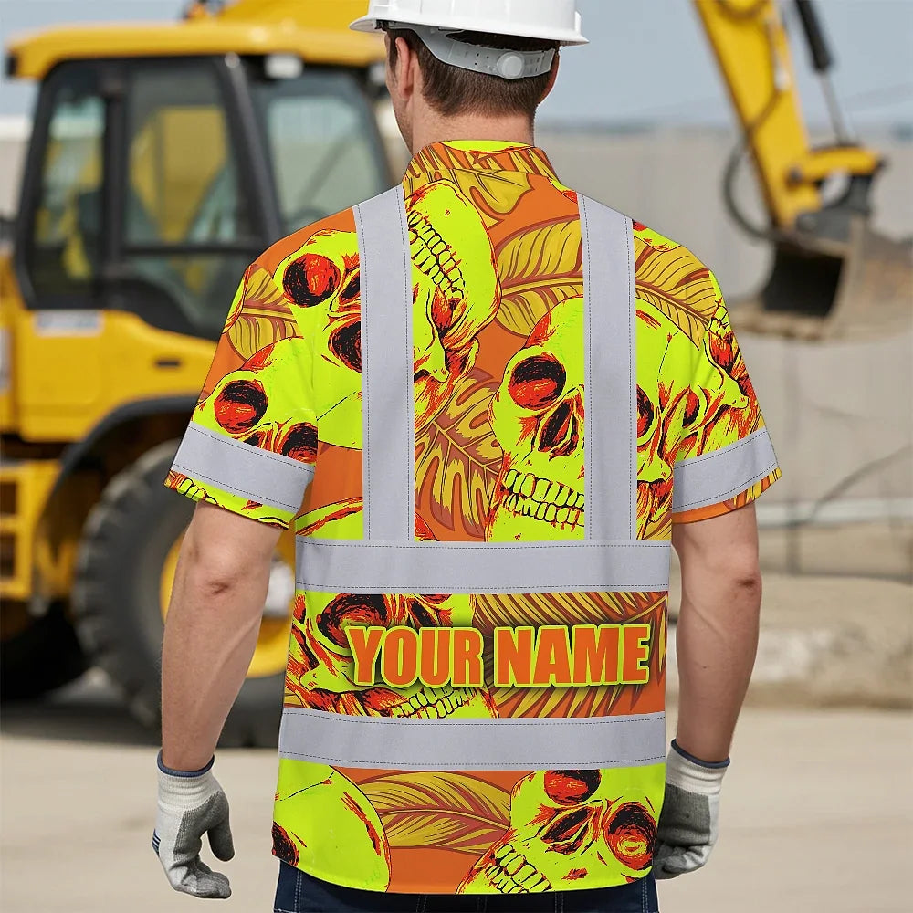 Hi Vis Hawaiian Shirt Reflective Tapes Orange Neon Yellow Skull Custom Name Safety Workwear For Workers, Truckers, Operators
