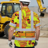 Hi Vis Hawaiian Shirt Reflective Tapes Orange Neon Yellow Skull Custom Name Safety Workwear For Workers, Truckers, Operators