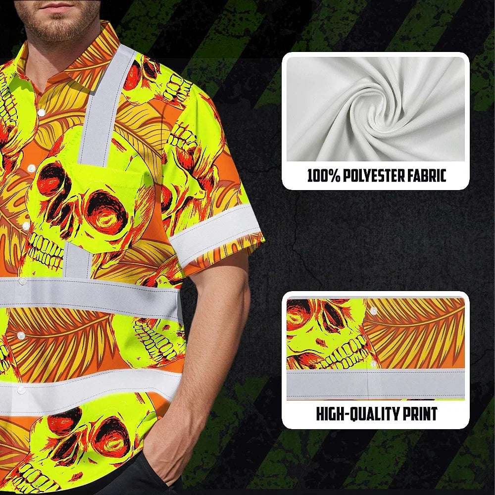 Hi Vis Hawaiian Shirt Reflective Tapes Orange Neon Yellow Skull Custom Name Safety Workwear For Workers, Truckers, Operators