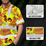 Hi Vis Hawaiian Shirt Reflective Tapes Orange Neon Yellow Skull Custom Name Safety Workwear For Workers, Truckers, Operators