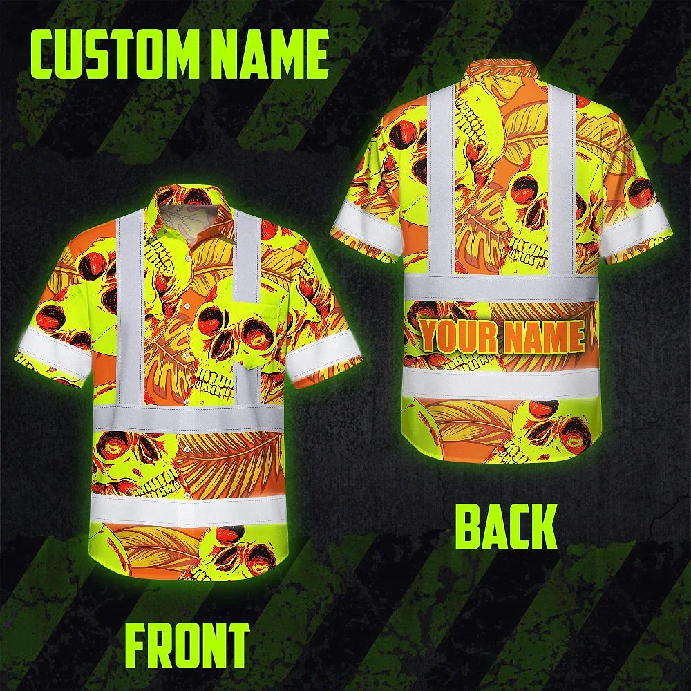 Hi Vis Hawaiian Shirt Reflective Tapes Orange Neon Yellow Skull Custom Name Safety Workwear For Workers, Truckers, Operators