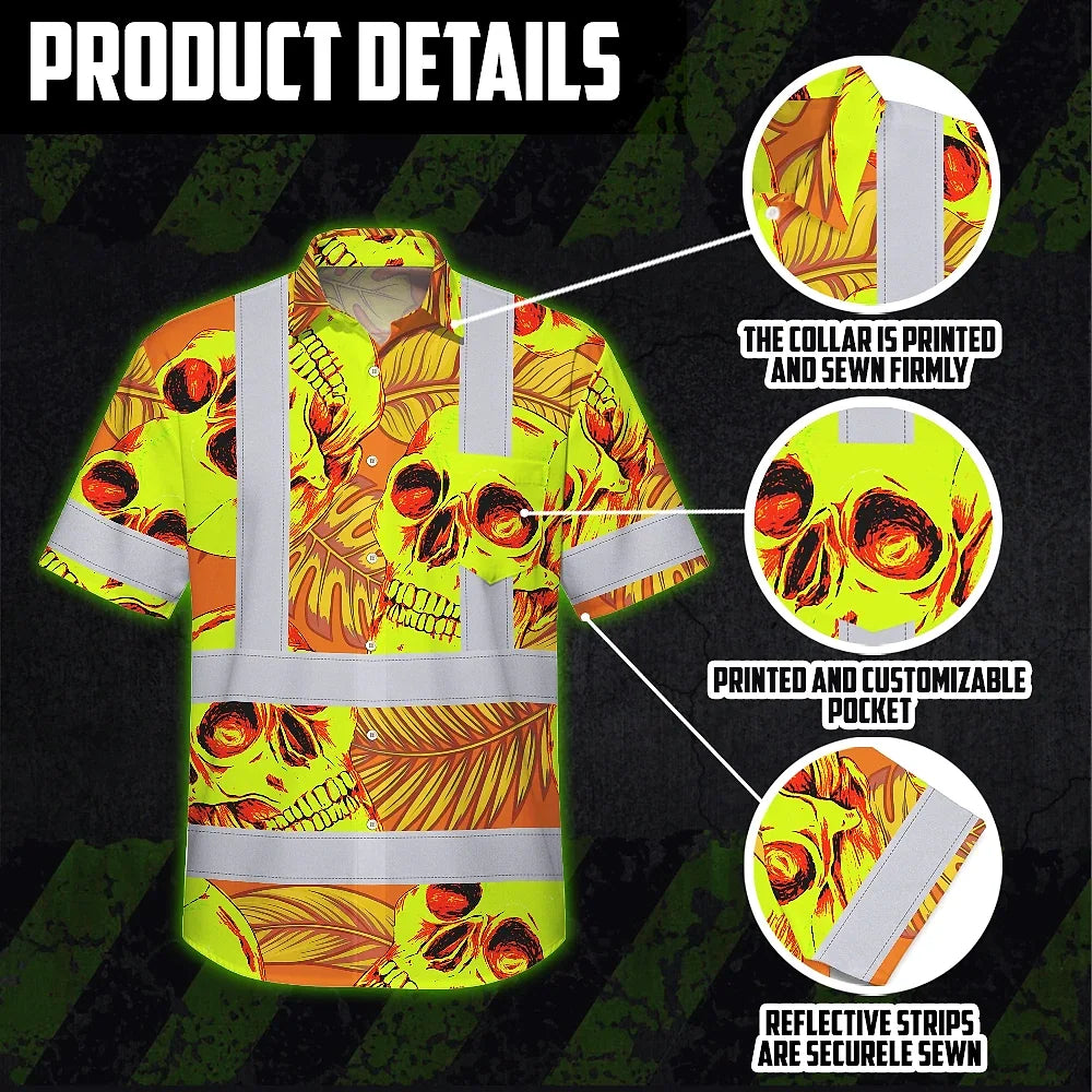 Hi Vis Hawaiian Shirt Reflective Tapes Orange Neon Yellow Skull Custom Name Safety Workwear For Workers, Truckers, Operators