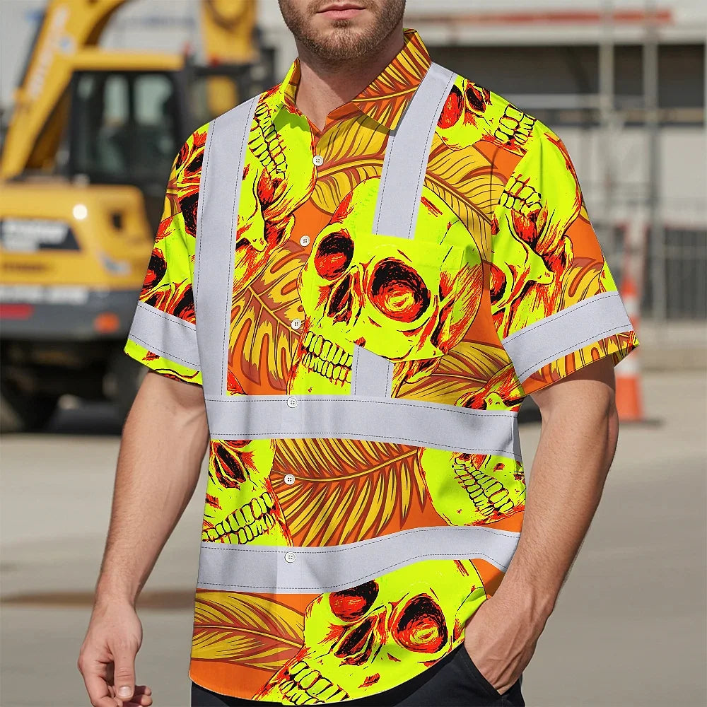 Hi Vis Hawaiian Shirt Reflective Tapes Orange Neon Yellow Skull Custom Name Safety Workwear For Workers, Truckers, Operators