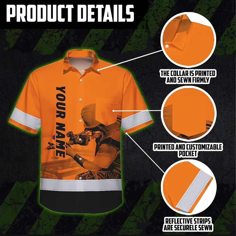Hi Vis Hawaiian Shirt Reflective Tapes Orange Plumber Custom Name Safety Workwear