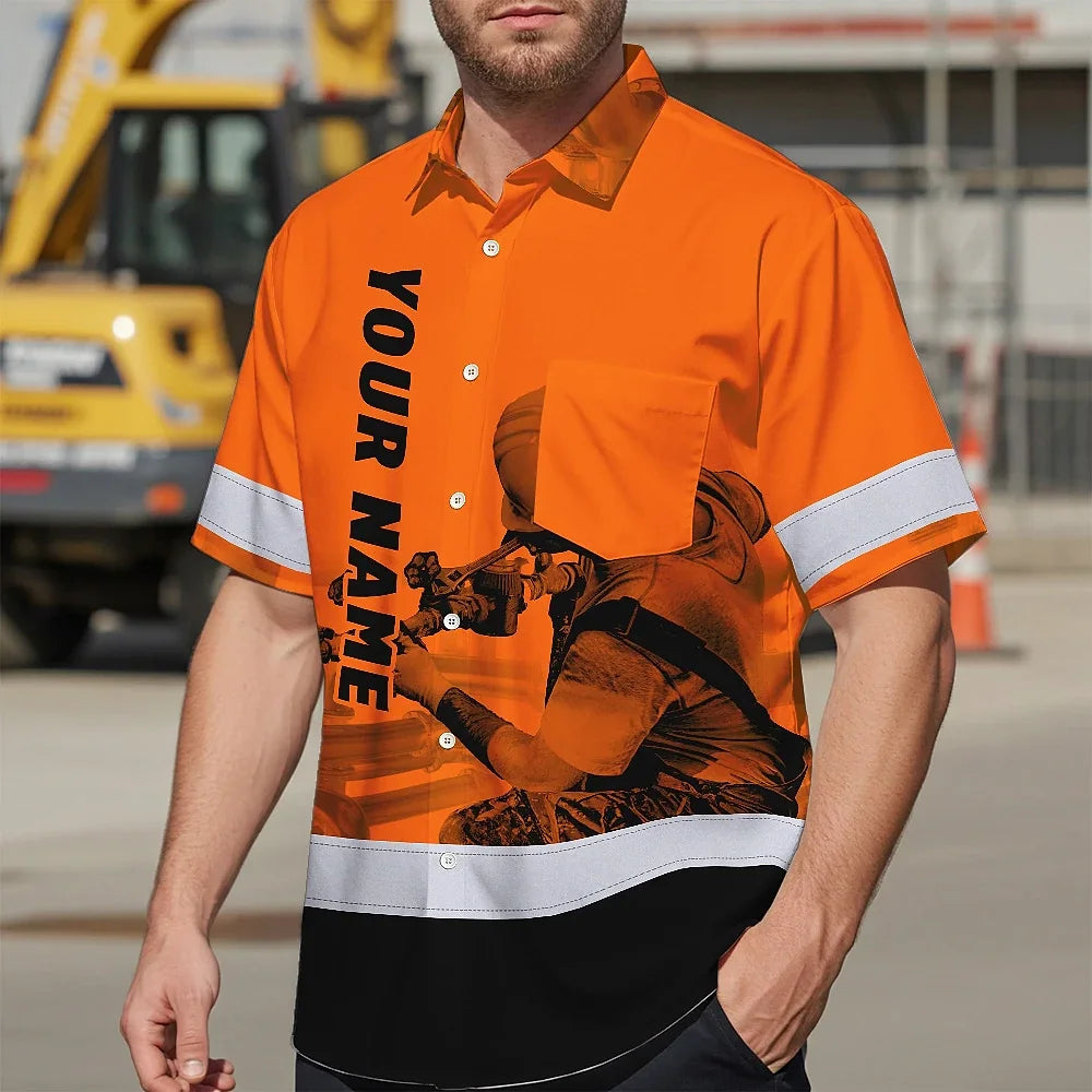 Hi Vis Hawaiian Shirt Reflective Tapes Orange Plumber Custom Name Safety Workwear