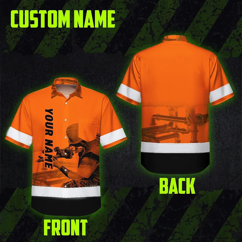 Hi Vis Hawaiian Shirt Reflective Tapes Orange Plumber Custom Name Safety Workwear
