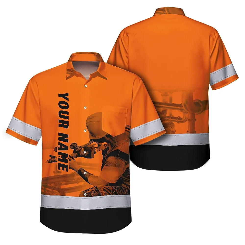 Hi Vis Hawaiian Shirt Reflective Tapes Orange Plumber Custom Name Safety Workwear