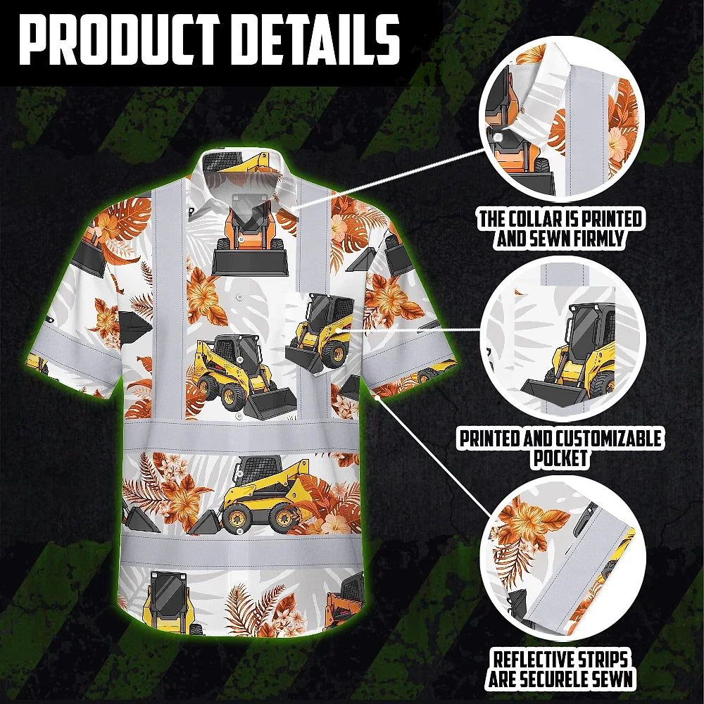 Hi Vis Hawaiian Shirt Reflective Tapes Orange Skid Loader Custom Name Safety Workwear For Workers, Truckers, Operators
