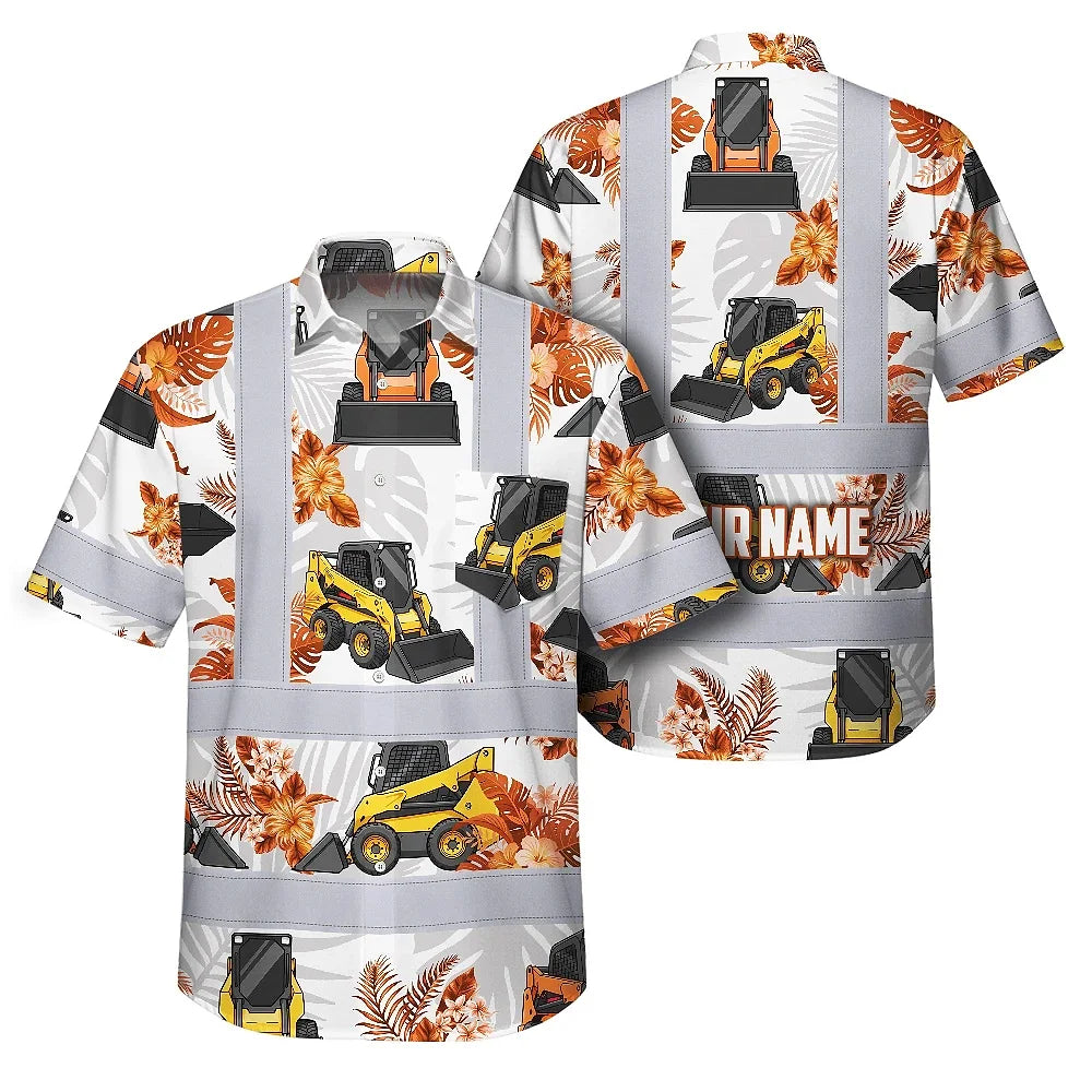 Hi Vis Hawaiian Shirt Reflective Tapes Orange Skid Loader Custom Name Safety Workwear For Workers, Truckers, Operators