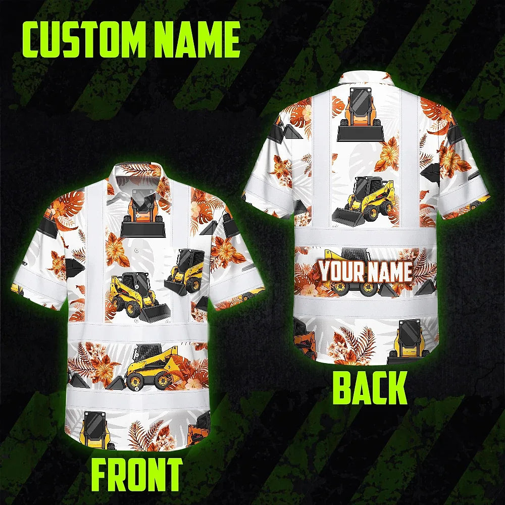 Hi Vis Hawaiian Shirt Reflective Tapes Orange Skid Loader Custom Name Safety Workwear For Workers, Truckers, Operators