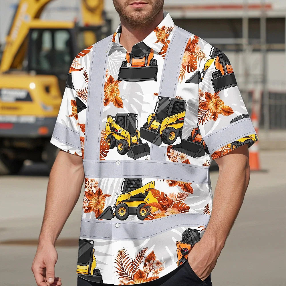 Hi Vis Hawaiian Shirt Reflective Tapes Orange Skid Loader Custom Name Safety Workwear For Workers, Truckers, Operators