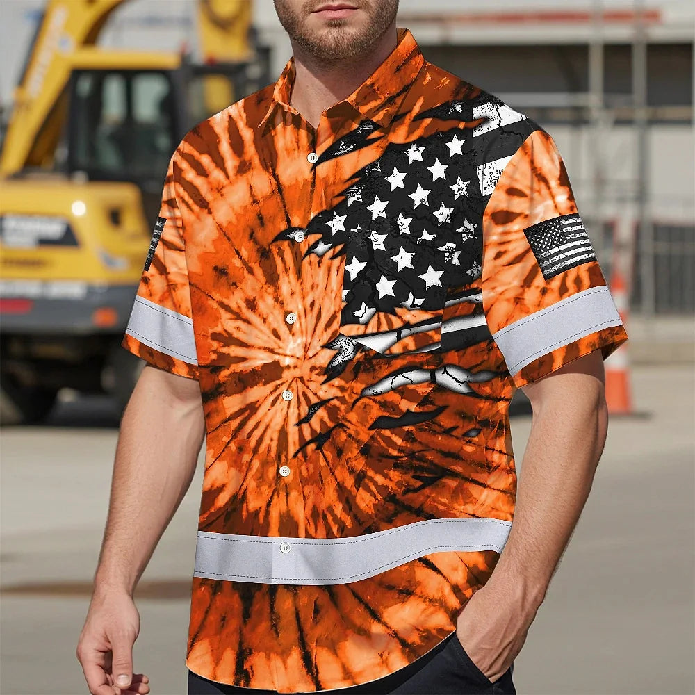 Hi Vis Hawaiian Shirt Reflective Tapes Orange Tie Dye US Flag Scratch Custom Name Safety Workwear For Workers, Runners, Cyclists