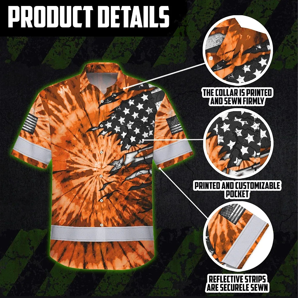 Hi Vis Hawaiian Shirt Reflective Tapes Orange Tie Dye US Flag Scratch Custom Name Safety Workwear For Workers, Runners, Cyclists