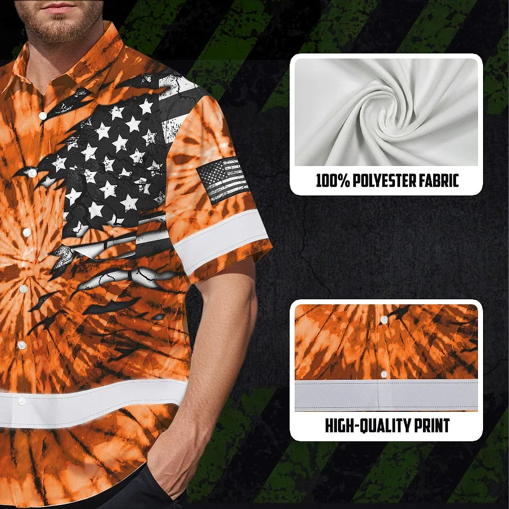 Hi Vis Hawaiian Shirt Reflective Tapes Orange Tie Dye US Flag Scratch Custom Name Safety Workwear For Workers, Runners, Cyclists