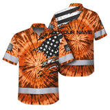 Hi Vis Hawaiian Shirt Reflective Tapes Orange Tie Dye US Flag Scratch Custom Name Safety Workwear For Workers, Runners, Cyclists