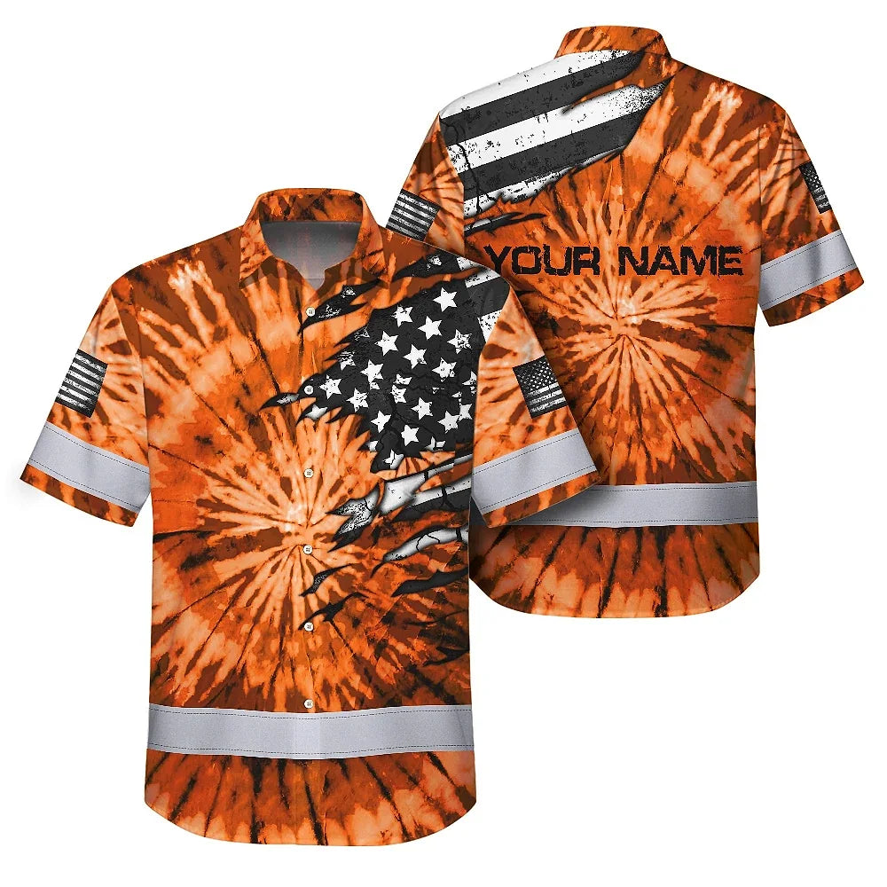 Hi Vis Hawaiian Shirt Reflective Tapes Orange Tie Dye US Flag Scratch Custom Name Safety Workwear For Workers, Runners, Cyclists
