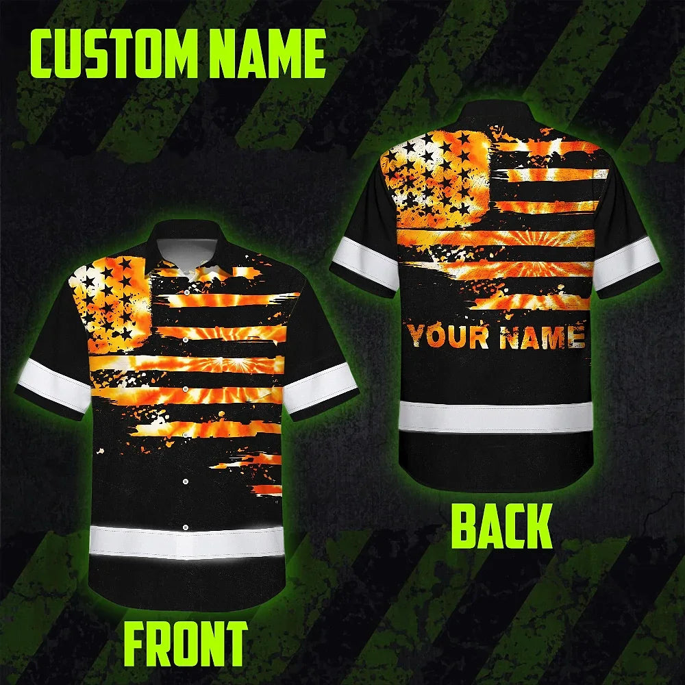 Hi Vis Hawaiian Shirt Reflective Tapes Orange Tie Dye US Flag Custom Name