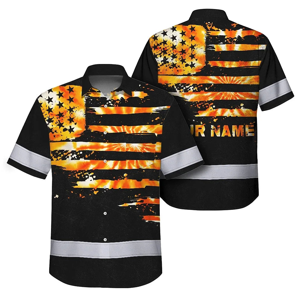 Hi Vis Hawaiian Shirt Reflective Tapes Orange Tie Dye US Flag Custom Name