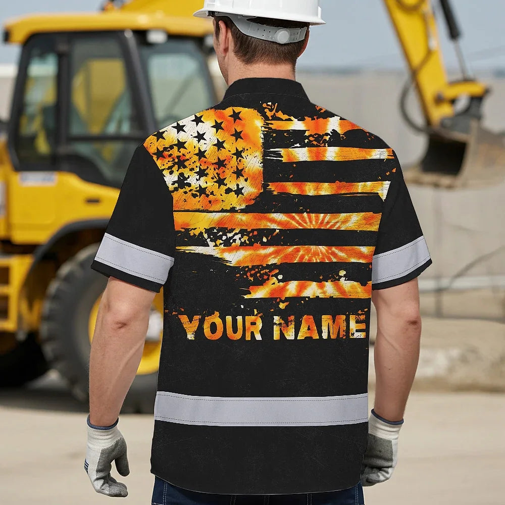 Hi Vis Hawaiian Shirt Reflective Tapes Orange Tie Dye US Flag Custom Name