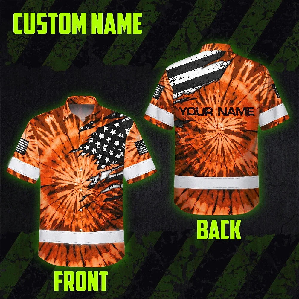 Hi Vis Hawaiian Shirt Reflective Tapes Orange Tie Dye US Flag Scratch Custom Name Safety Workwear For Workers, Runners, Cyclists
