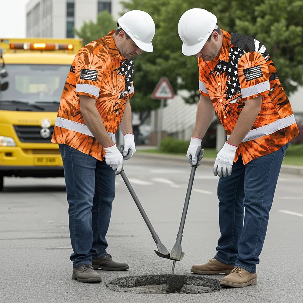 Hi Vis Hawaiian Shirt Reflective Tapes Orange Tie Dye US Flag Scratch Custom Name Safety Workwear For Workers, Runners, Cyclists