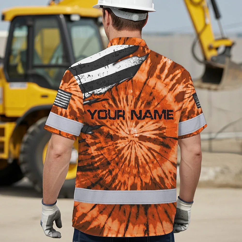 Hi Vis Hawaiian Shirt Reflective Tapes Orange Tie Dye US Flag Scratch Custom Name Safety Workwear For Workers, Runners, Cyclists