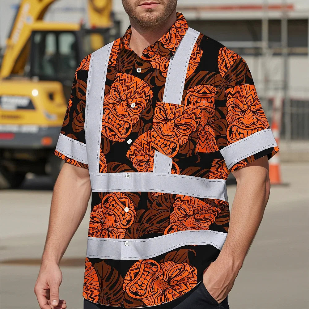 Hi Vis Hawaiian Shirt Reflective Tapes Orange Tiki Custom Name Safety Workwear For Workers, Truckers, Operators