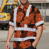 Hi Vis Hawaiian Shirt Reflective Tapes Orange Tiki Custom Name Safety Workwear For Workers, Truckers, Operators