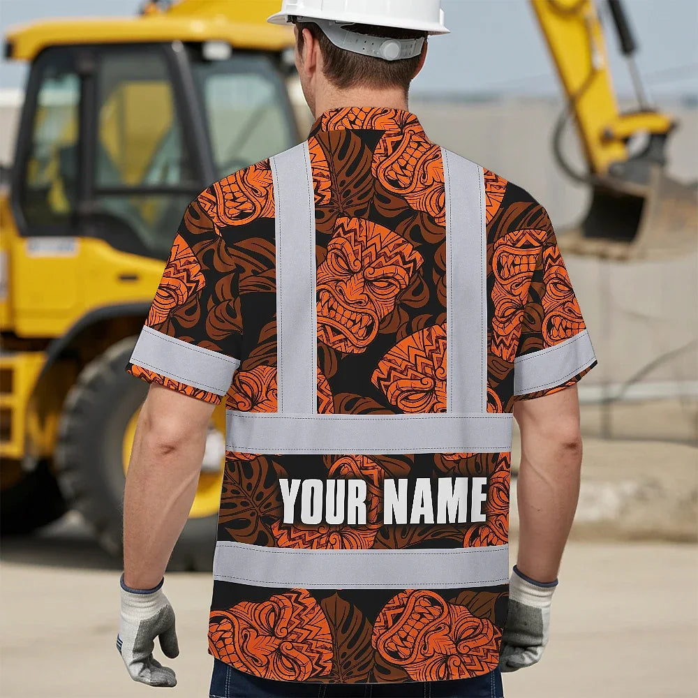 Hi Vis Hawaiian Shirt Reflective Tapes Orange Tiki Custom Name Safety Workwear For Workers, Truckers, Operators