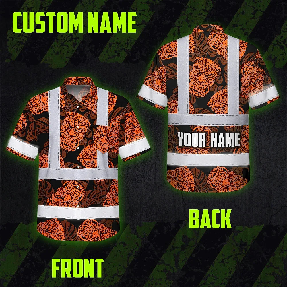 Hi Vis Hawaiian Shirt Reflective Tapes Orange Tiki Custom Name Safety Workwear For Workers, Truckers, Operators