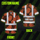 Hi Vis Hawaiian Shirt Reflective Tapes Orange Tiki Custom Name Safety Workwear For Workers, Truckers, Operators