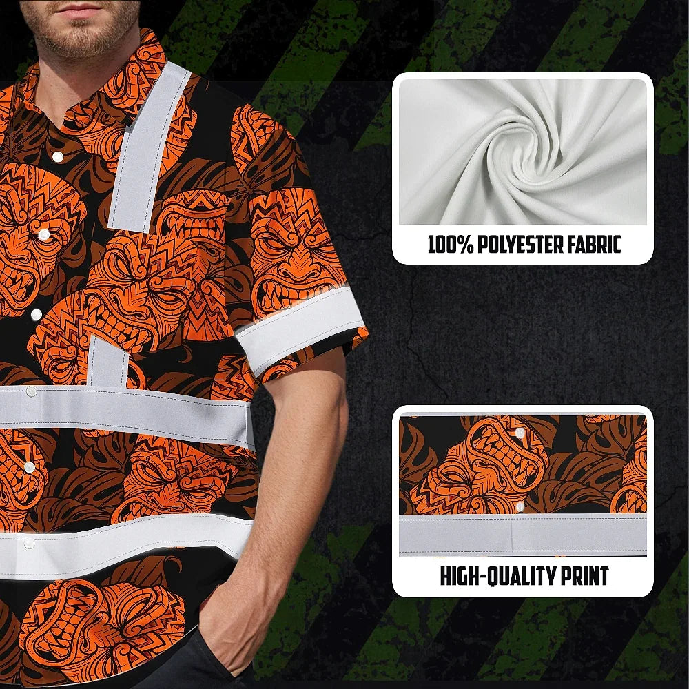 Hi Vis Hawaiian Shirt Reflective Tapes Orange Tiki Custom Name Safety Workwear For Workers, Truckers, Operators
