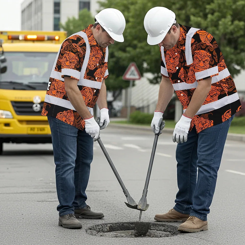 Hi Vis Hawaiian Shirt Reflective Tapes Orange Tiki Custom Name Safety Workwear For Workers, Truckers, Operators