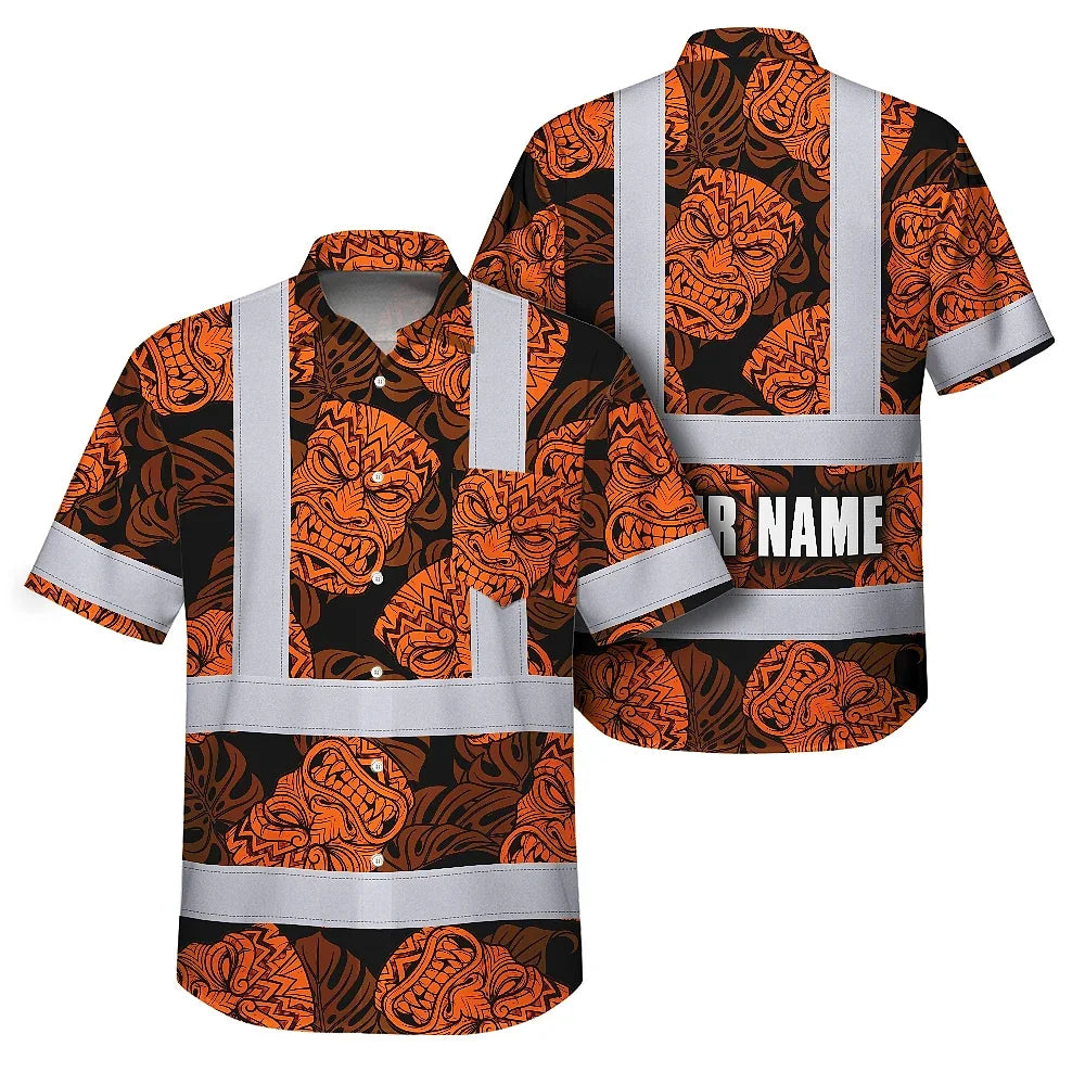 Hi Vis Hawaiian Shirt Reflective Tapes Orange Tiki Custom Name Safety Workwear For Workers, Truckers, Operators