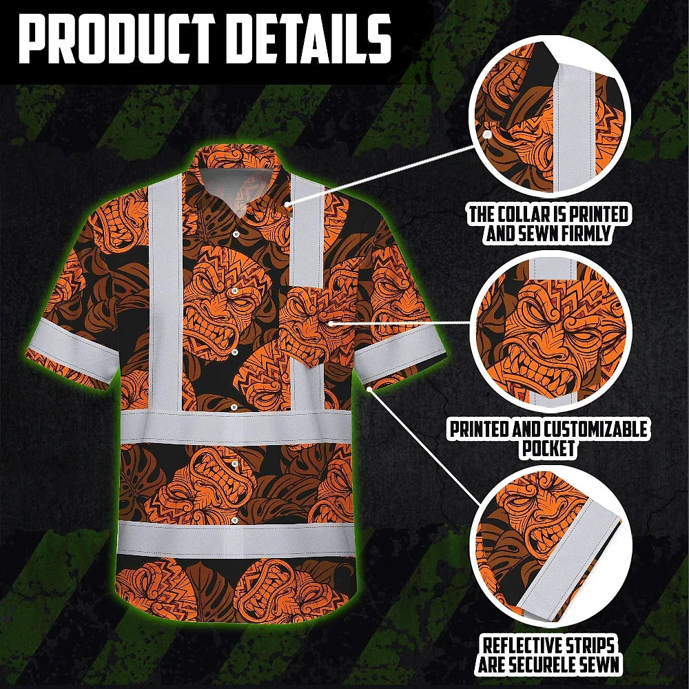 Hi Vis Hawaiian Shirt Reflective Tapes Orange Tiki Custom Name Safety Workwear For Workers, Truckers, Operators