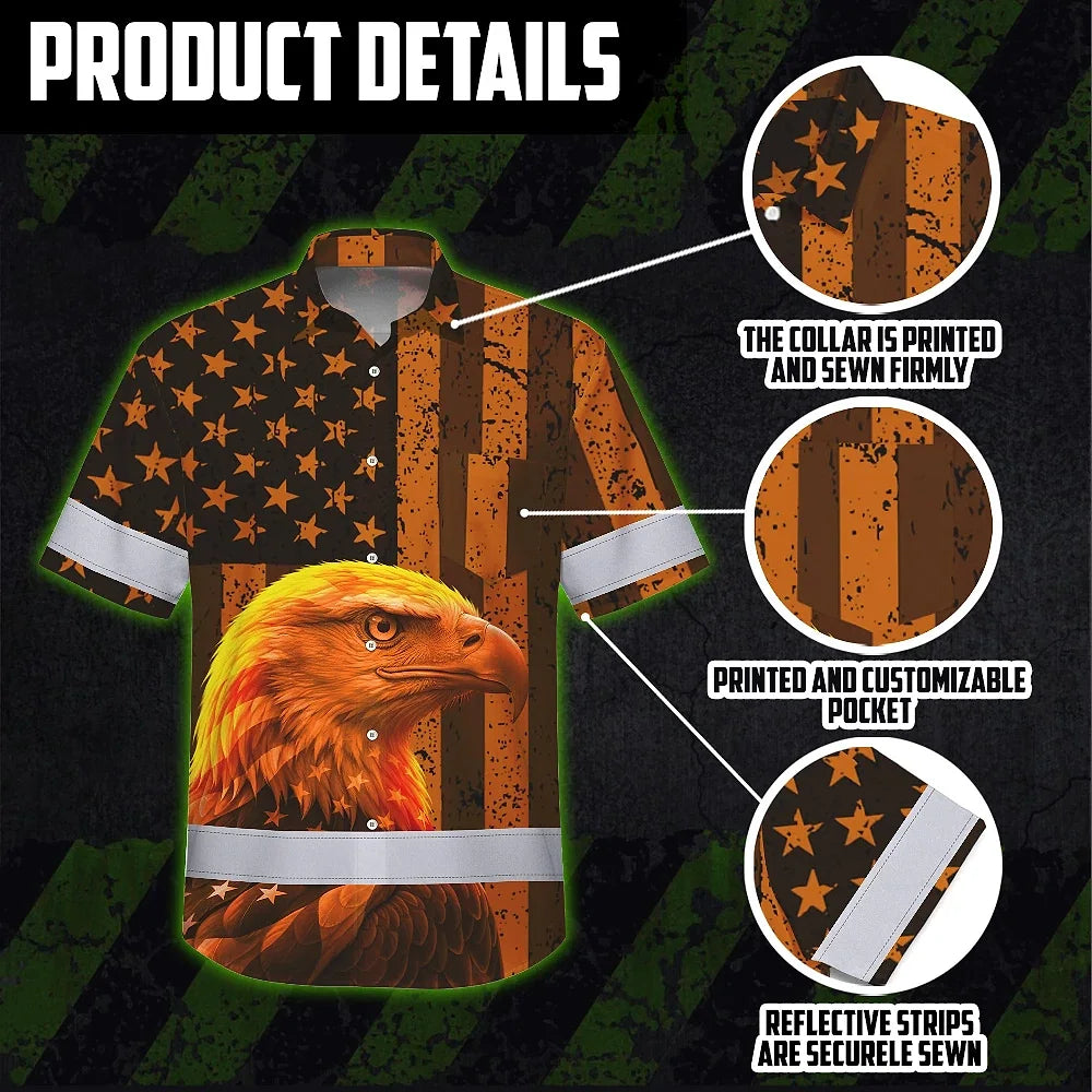 Hi Vis Hawaiian Shirt Reflective Tapes Orange US Flag Custom Name Safety Workwear For Workers, Truckers, Operators
