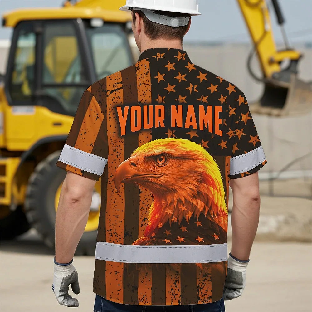 Hi Vis Hawaiian Shirt Reflective Tapes Orange US Flag Custom Name Safety Workwear For Workers, Truckers, Operators