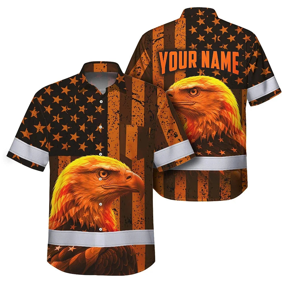Hi Vis Hawaiian Shirt Reflective Tapes Orange US Flag Custom Name Safety Workwear For Workers, Truckers, Operators