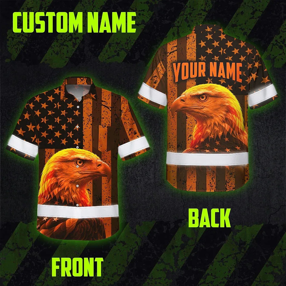Hi Vis Hawaiian Shirt Reflective Tapes Orange US Flag Custom Name Safety Workwear For Workers, Truckers, Operators