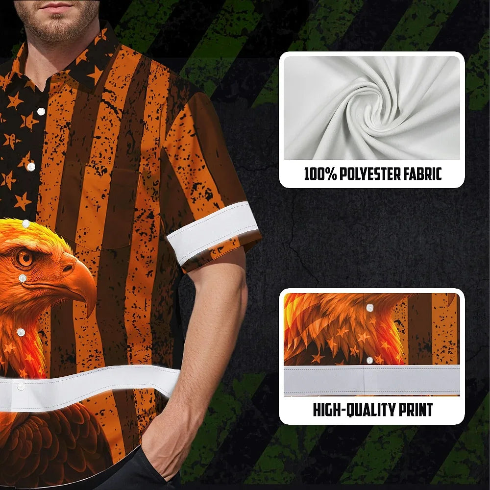 Hi Vis Hawaiian Shirt Reflective Tapes Orange US Flag Custom Name Safety Workwear For Workers, Truckers, Operators