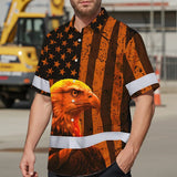 Hi Vis Hawaiian Shirt Reflective Tapes Orange US Flag Custom Name Safety Workwear For Workers, Truckers, Operators