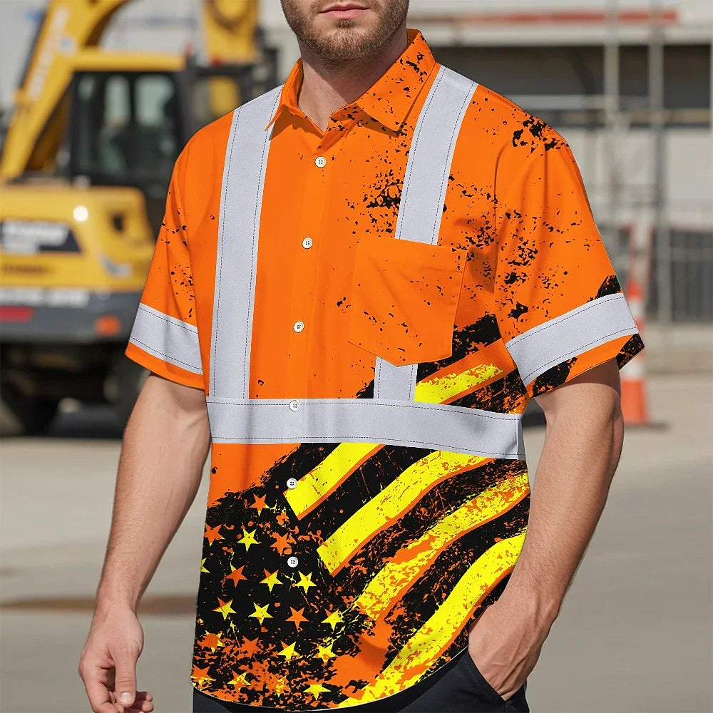 Hi Vis Hawaiian Shirt Reflective Tapes Orange USA Flag Safety Workwear