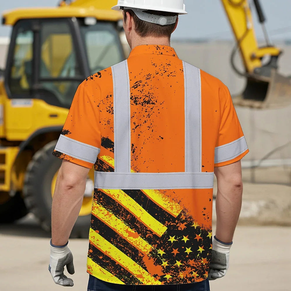Hi Vis Hawaiian Shirt Reflective Tapes Orange USA Flag Safety Workwear