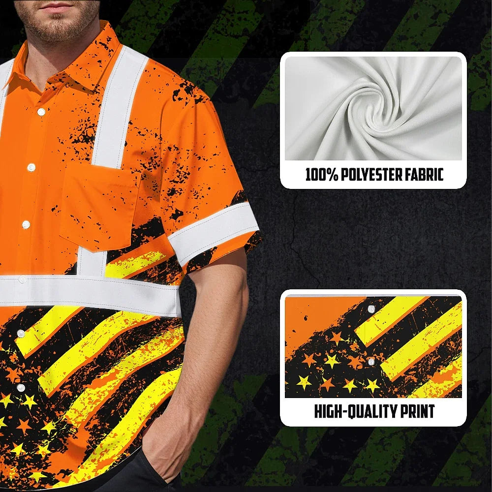 Hi Vis Hawaiian Shirt Reflective Tapes Orange USA Flag Safety Workwear