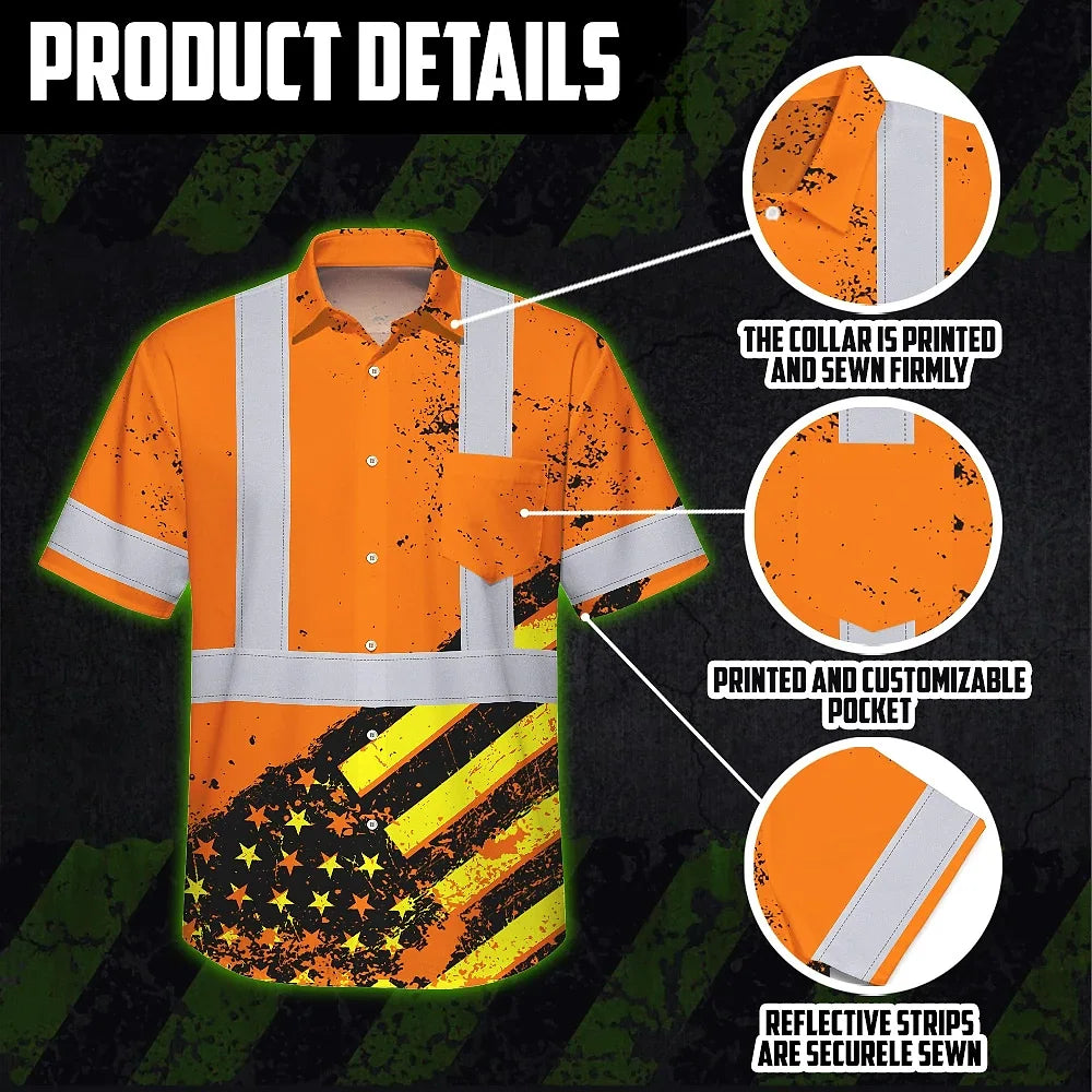 Hi Vis Hawaiian Shirt Reflective Tapes Orange USA Flag Safety Workwear