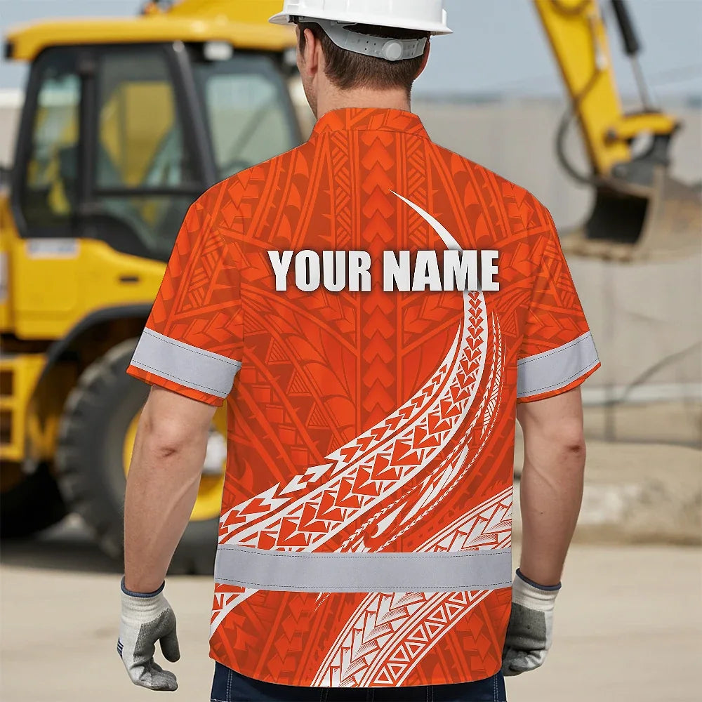 Hi Vis Hawaiian Shirt Reflective Tapes Orange White Polynesian Custom Name Safety Workwear For Workers, Truckers, Operators